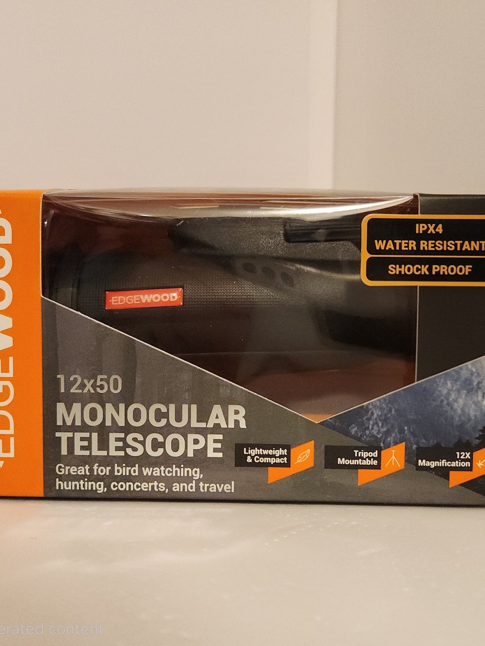 Edgewood 12x50 Monocular Telescope in Black and Orange Accents